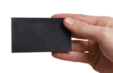 Man holding blank business card on white background, closeup