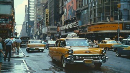 Vintage Yellow Cab in Urban Rush Hour