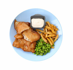 Tasty fish, chips, sauce and peas isolated on white, top view