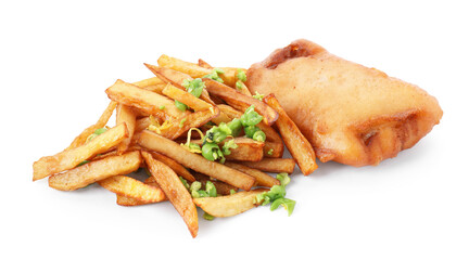 Tasty fish, chips and peas isolated on white