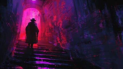 Craft a traditional acrylic painting of a noir-style detective in a dystopian world, viewed from a low angle Play with color theory by using shadows and highlights to enhance the dark, mysterious atmo