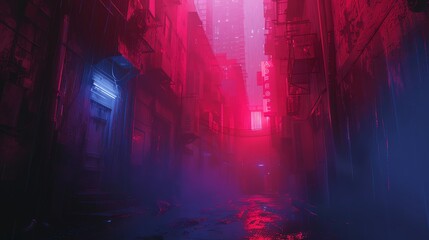 Create a digital rendering of a low-angle shot in a dystopian cityscape, inspired by classic detective mysteries Explore color theory by using contrasting hues to evoke suspense and mystery
