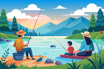 Illustration of a scenic landscape showing a family enjoying outdoor activities by a lake, with mountains in the background. Two people are fishing from a dock