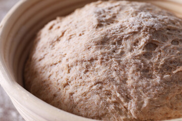 Fresh sourdough in proofing basket on table, closeup