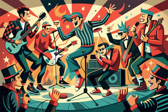 Illustration of a vibrant rock concert featuring seven diverse male musicians, including guitarists, a bassist, a singer, and a keyboardist, all dressed in colorful and eclectic outfits