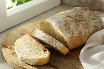 Freshly baked sourdough bread on light table