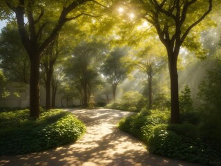 Naklejka premium Tranquil Arboreal Haven: Captivating AI Art of Serene Garden Trees