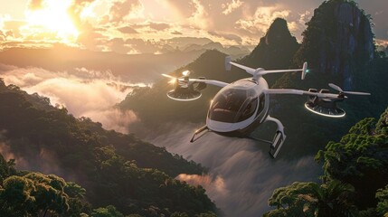 EVTOL Electric Vertical Take Off and Landing Aircraft Flying Through Beautiful Landscape At Dawn