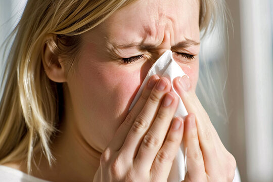 woman sneezing into tissue in bright sunlight near window