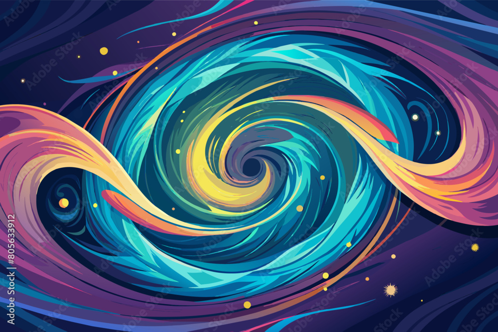 Poster abstract swirling vortex with vibrant shades resembling stars and swirling patterns evoking a feelin