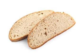 Slices of freshly baked sourdough bread isolated on white