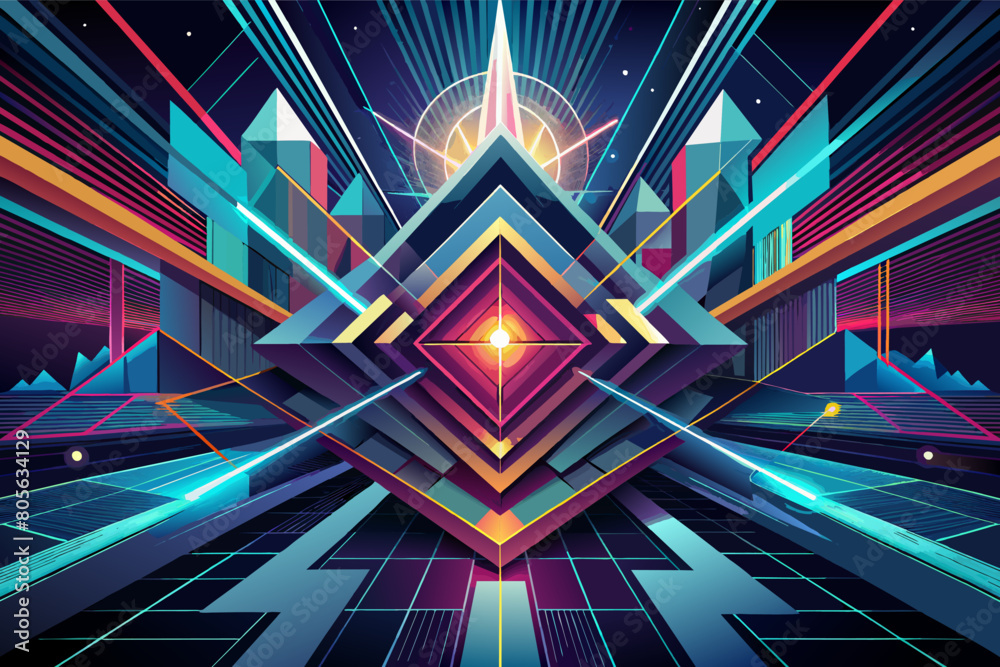 Poster colorful abstract geometric design with sharp, angular shapes forming a symmetrical pattern around a