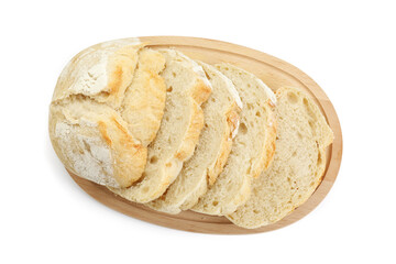 Freshly baked cut sourdough bread isolated on white, top view