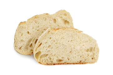 Slices of freshly baked sourdough bread isolated on white