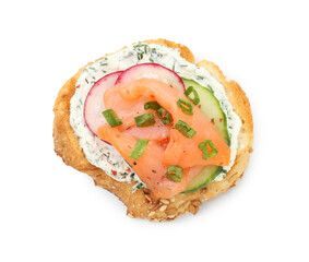 Tasty canape with salmon, cucumber, radish and cream cheese isolated on white, top view