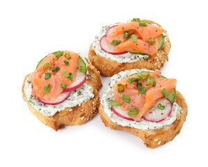 Tasty canapes with salmon, cucumber, radish and cream cheese isolated on white