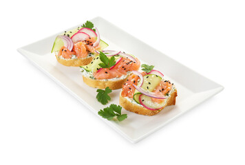 Tasty canapes with salmon, cucumber, radish and cream cheese isolated on white
