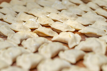Vareniky dumplings before being boiled. Traditional Ukraine hand-made food.