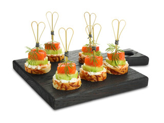 Tasty canapes with salmon, cucumber, bread and cream cheese isolated on white