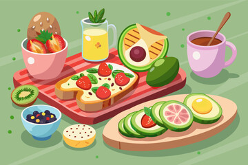 Fototapeta premium A DIY avocado toast bar complete with assorted bread, avocado mash, and an array of toppings, offering a trendy and customizable breakfast option