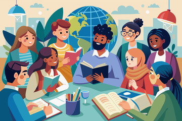 A diverse group of students learning together in a multicultural classroom, exchanging ideas and perspectives from their unique cultural backgrounds