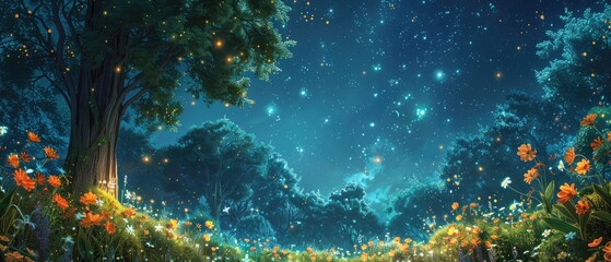 Obraz premium The AI-generated photo shows a beautiful landscape with a tree, flowers, and a starry night sky. The image is very calming and peaceful.