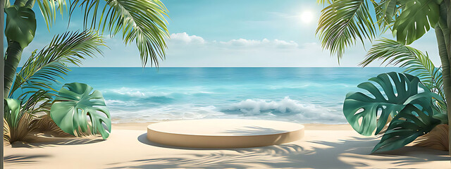  Beach podium summer background sand product 3D sea display platform. Beach podium summer banner stand scene sale sky holiday vacation stage water island sun travel pedestal promotion presentation ad.