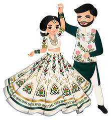 Cute couple  dance in traditional indian dress cartoon characters bride and groom
