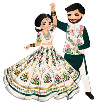 Cute couple  dance in traditional indian dress cartoon characters bride and groom