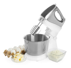 Stand mixer and different ingredients for dough isolated on white