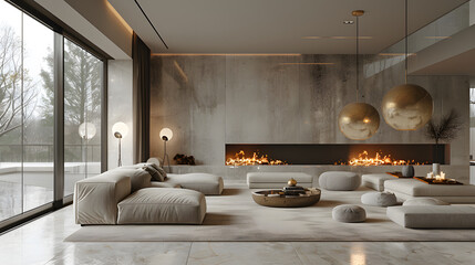 Living room in white, gray and black colors. Mockup empty room interior. Design in minimalist modern style. Graphite dark sofa and chairs accent