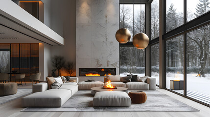 Living room in white, gray and black colors. Mockup empty room interior. Design in minimalist modern style. Graphite dark sofa and chairs accent
