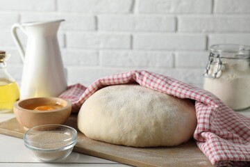 Raw dough and ingredients on white wooden table