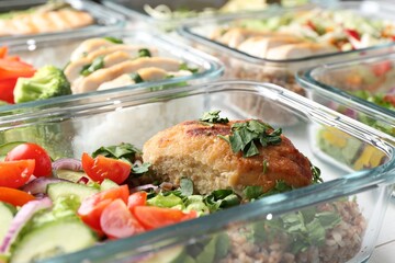 Healthy meal. Containers with different products on white wooden table, closeup