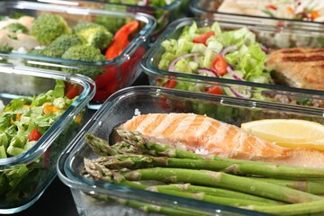 Healthy food. Different meals in glass containers on table, closeup