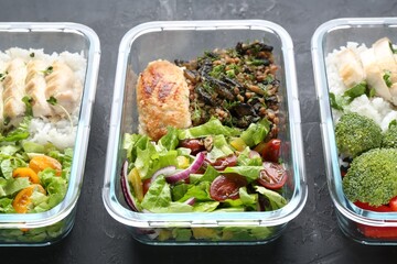 Healthy food. Different meals in glass containers on black table