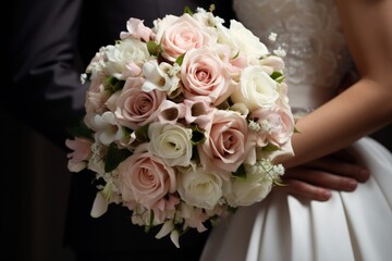 bride and groom wedding couple with a bouquet of flowers