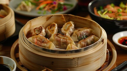 Asian Delicacy: Traditional Chinese dumplings filled with flavorful ingredients, accompanied by fragrant dipping sauce.