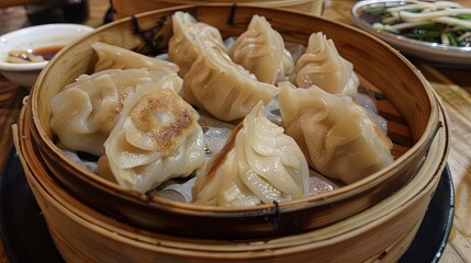 Authentic Asian Cuisine: Handmade dumplings with delectable filling, served alongside a tantalizing dipping sauce.