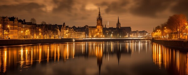 Naklejka premium a city with a river and a bridge at night time with lights reflecting in the water