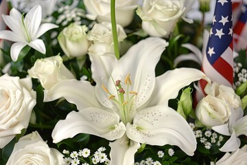 Fototapeta premium Elegant Floral Arrangement Featuring White Lilies and Red Roses With a Blurred American Flag Background