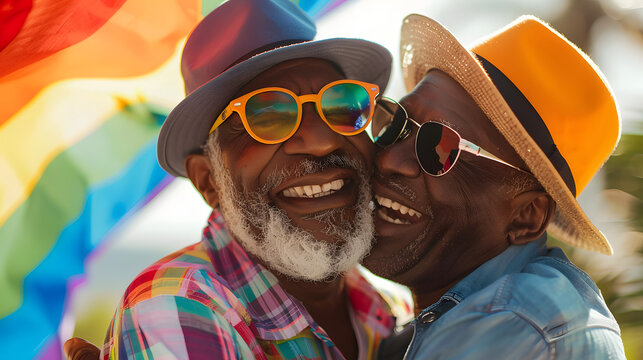 Happy african american senior gay male couple embracing at pride month wearing glasses hats - Powered by Adobe