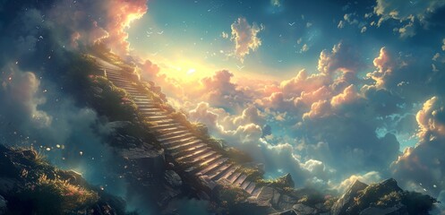 a stairway leading to a sky full of clouds and stars in the sky with a bright sun shining down..