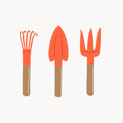 Gardening tools set in hand drawn style. Shovel, fork, rake. Trendy doodle style. Flat vector illustration isolated on white background.