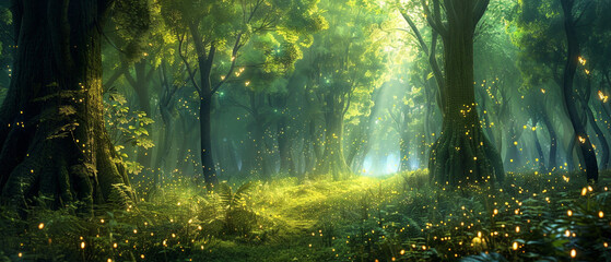 Majestic trees, glowing with enchantment, create a magical atmosphere in the enchanted forest.
