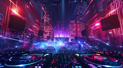 Electronic Dance Party: DJs spinning tracks on an illuminated stage amidst a sea of dancing revelers.