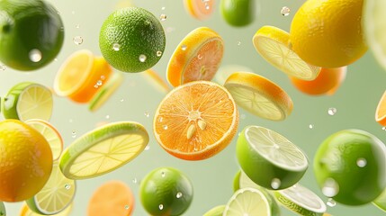 Floating Citrus: Oranges, lemons, and limes floating in mid-air, radiating freshness and zest.