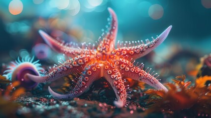 A biomechanical echinoderm, starfishshaped with pulsating bioluminescent tips, explores the ocean floor, colorful Strange Bizarre sharpen blur background with copy space