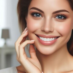 Fototapeta premium Comfortably Beautiful: Close-up of Woman's Stunning Smile at Home