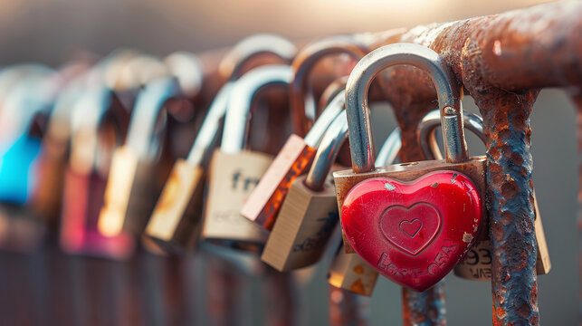 close-up of love locks on the bridge. The padlock as a symbol of love and affection